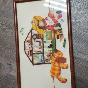 Vintage Hand Embroidered Nursery Children's Wall Decor. 70s